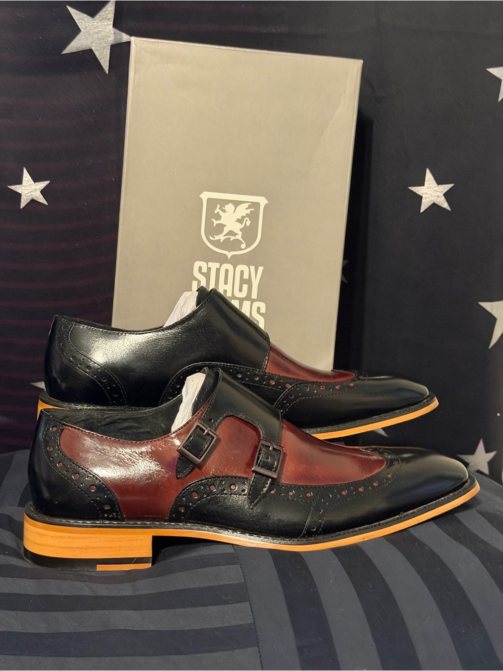 Stacy Adams Black and Burgundy Double Monk Wingtip Oxfords